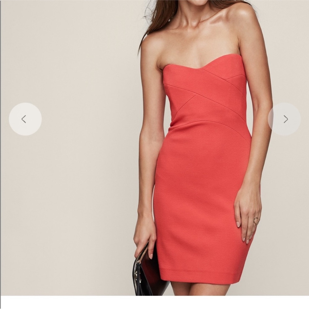 Elegant Coral Strapless Dress by Reiss. Size 4